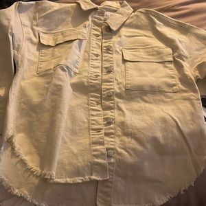 Cream Denim Shacket with Frayed Hem